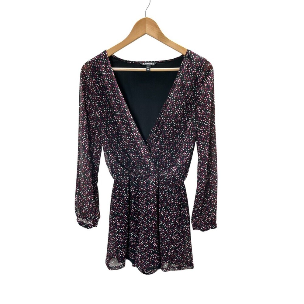 Express Romper Women's Size XS Black Pink V-Neck Long Sleeve